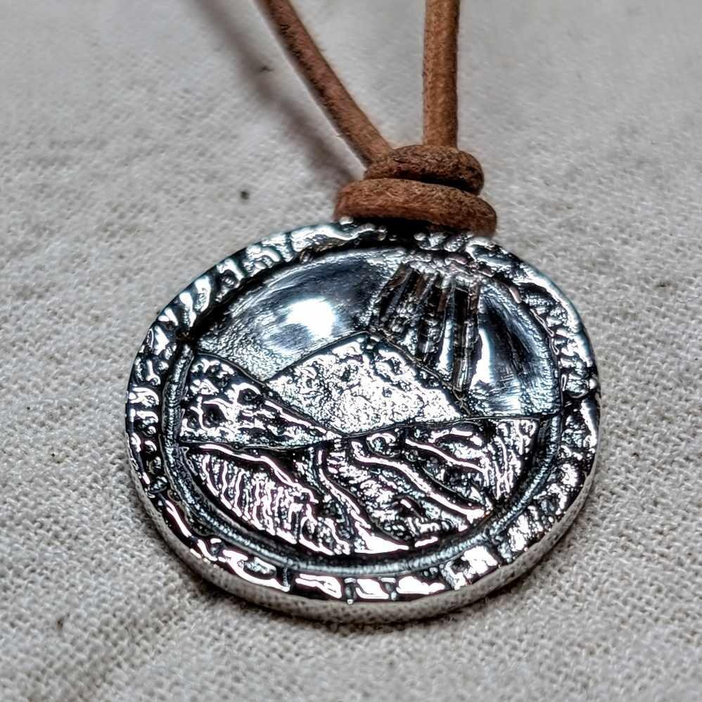 Chunky Recycled Sterling Silver Scottish Mountain Coin pendant on 1mm Natural Leather Cord, handmade in Scotland