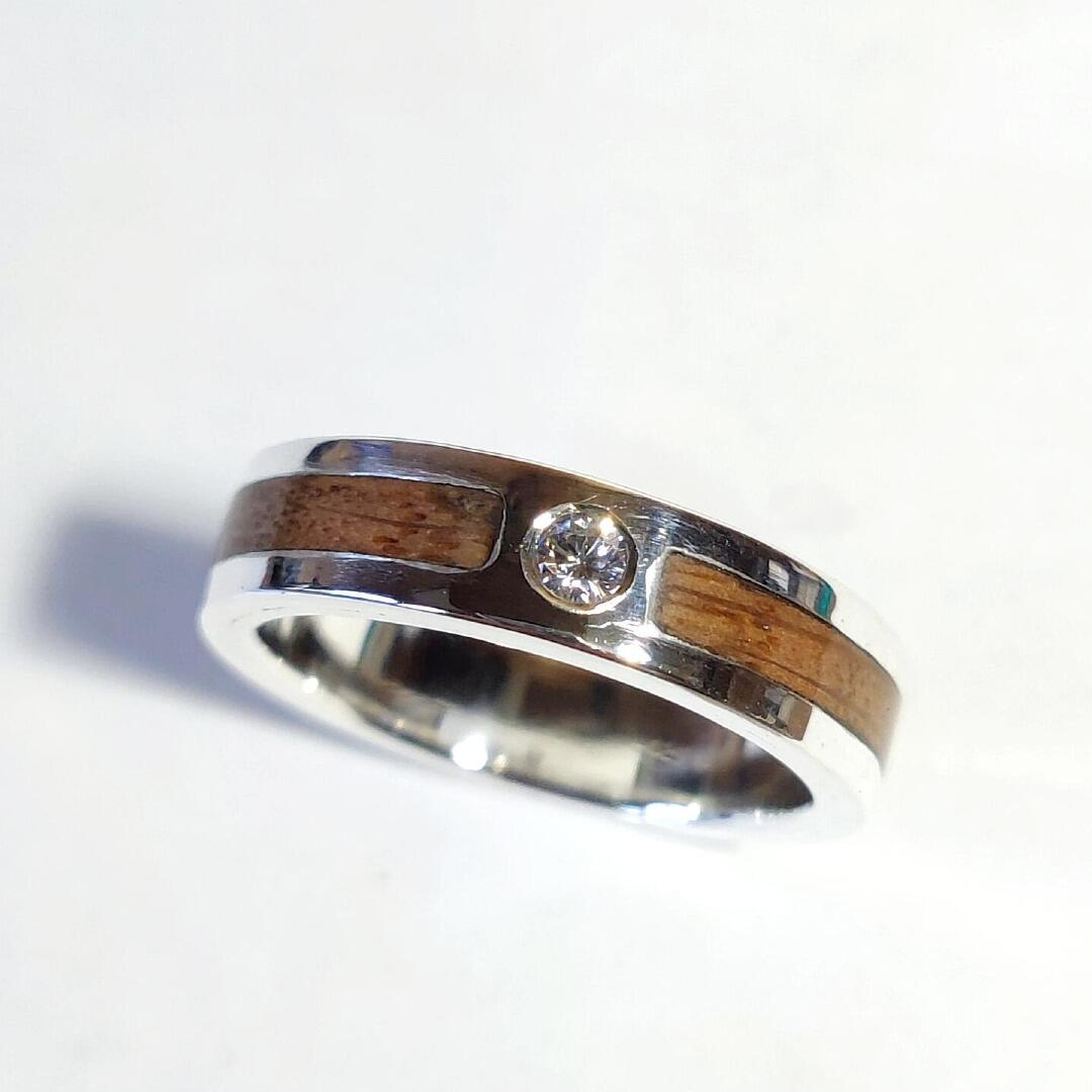 Sterling Silver Oak Inlay ring with cubic zirconia