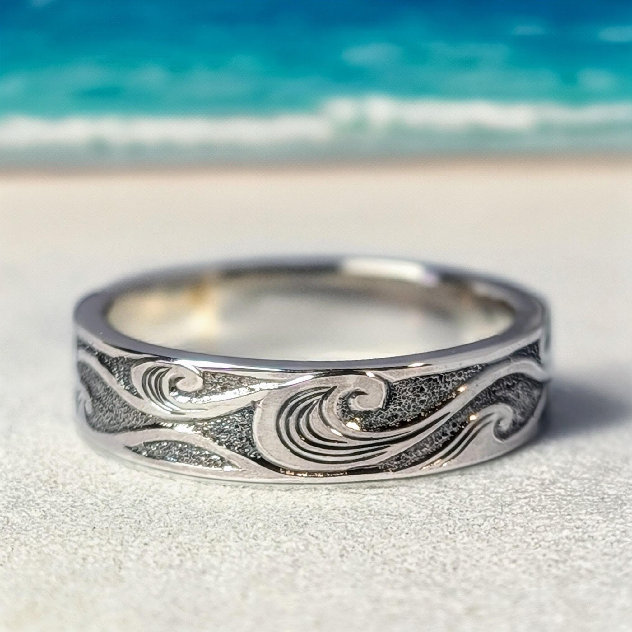 Curling Waves hand engraved ring, handmade with recycled sterling silver