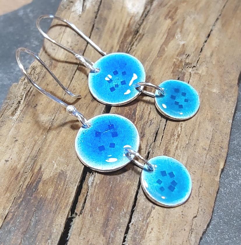 Sterling Silver Blue Circles Enamelled Drop Earrings