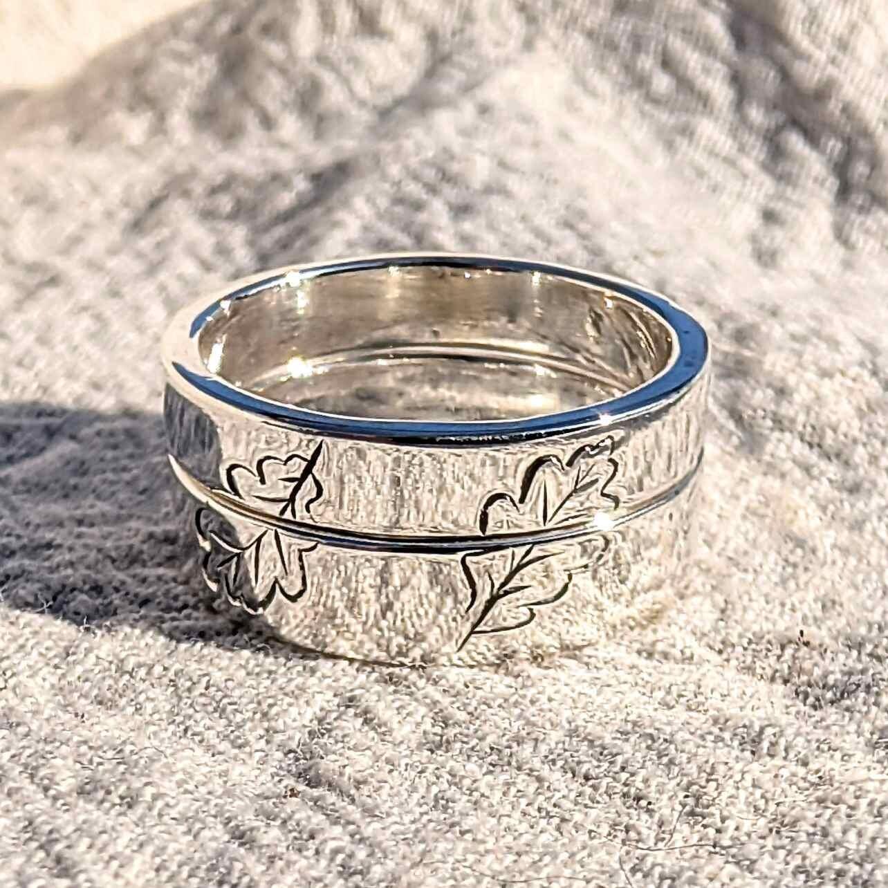 Hand Engraved Oak Leaf His and Hers Sterling Silver Wedding Bands (Set)