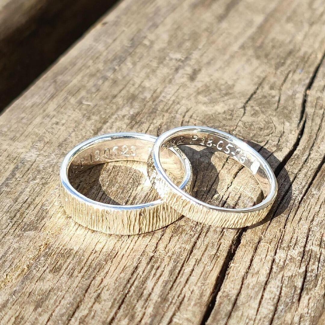 Bark Texture Wedding band set with high polish, handmade from recycled sterling silver.