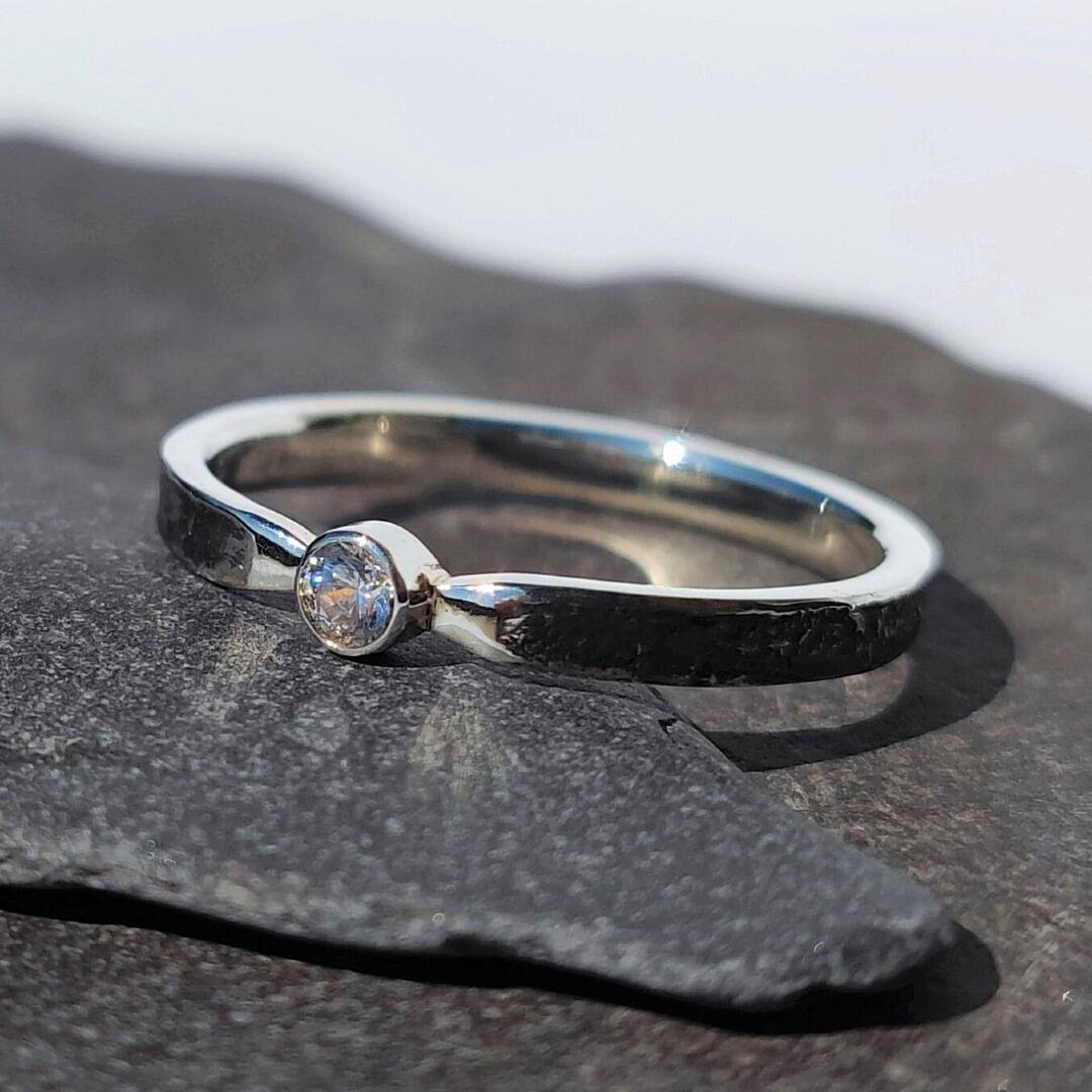 Recycled Sterling Silver Engagement Ring, with Reticulated surface and 3mm Natural Diamond