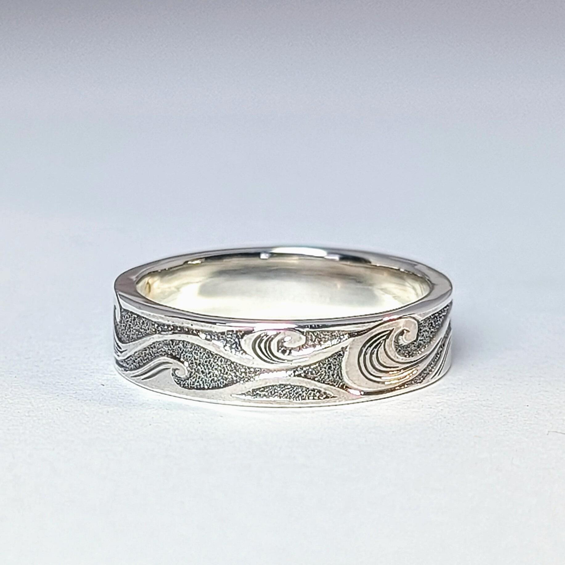 Curling Waves hand engraved ring, handmade with recycled sterling silver