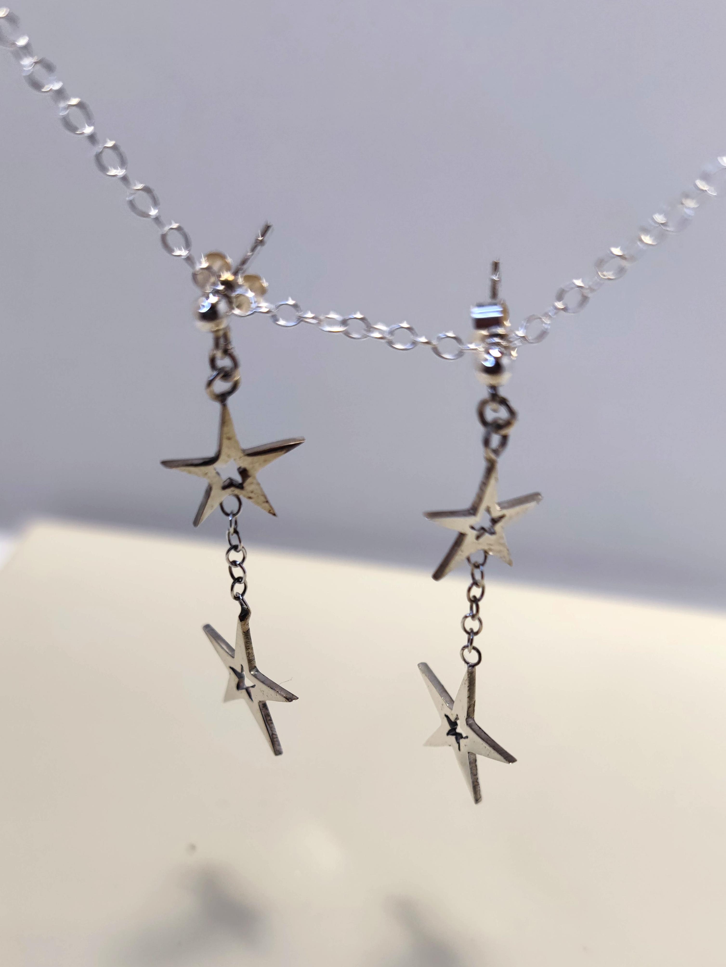 Sterling Silver Double Star Drop Earrings