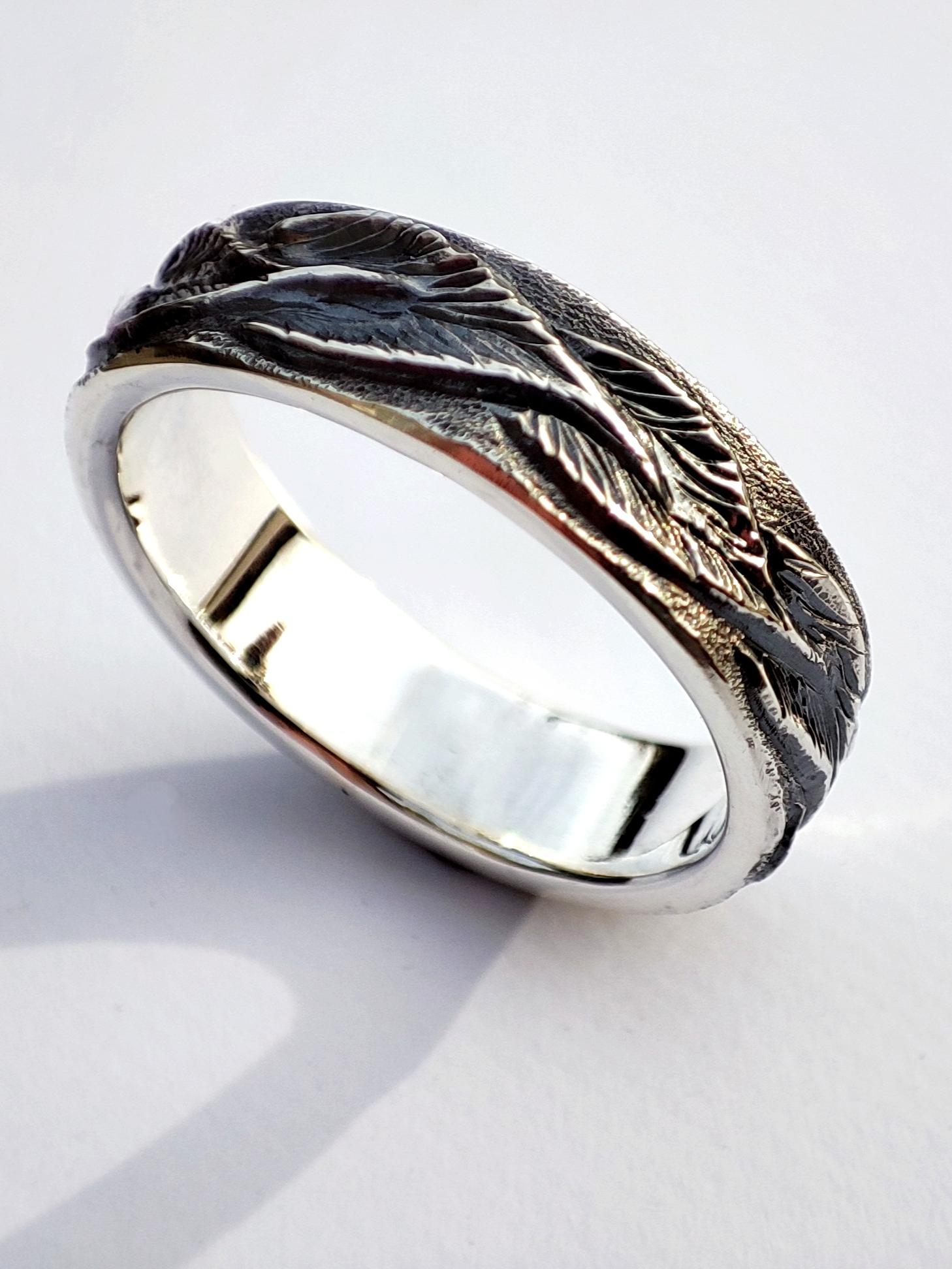 Hand Engraved Leaf Ring, Wide Band Ring, in Sterling Silver