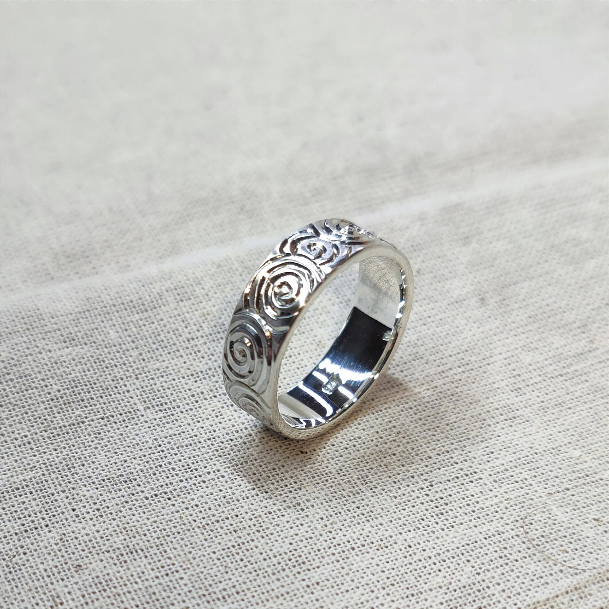 Recycled Sterling Silver Hand Engraved Bright Cut Spiral Ring with