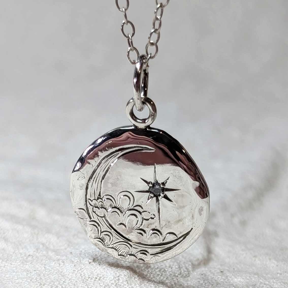 Hand Engraved Moon and Star Nugget Pendant, with 2mm cubic zirconia, handmade in Scotland with recycled sterling silver