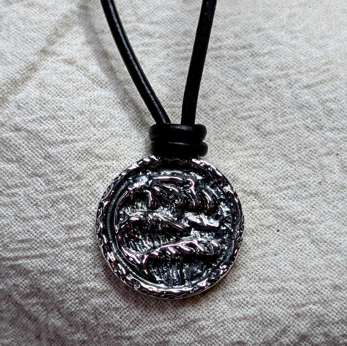 Chunky Recycled Sterling Silver Crashing Wave Coin pendant on 2mm Black  Leather Cord, handmade in Scotland