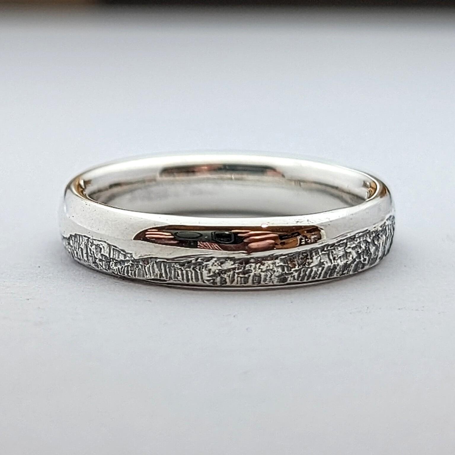 Recycled Sterling Silver Court Hand Engraved Mountain Ring, handmade in Scotland