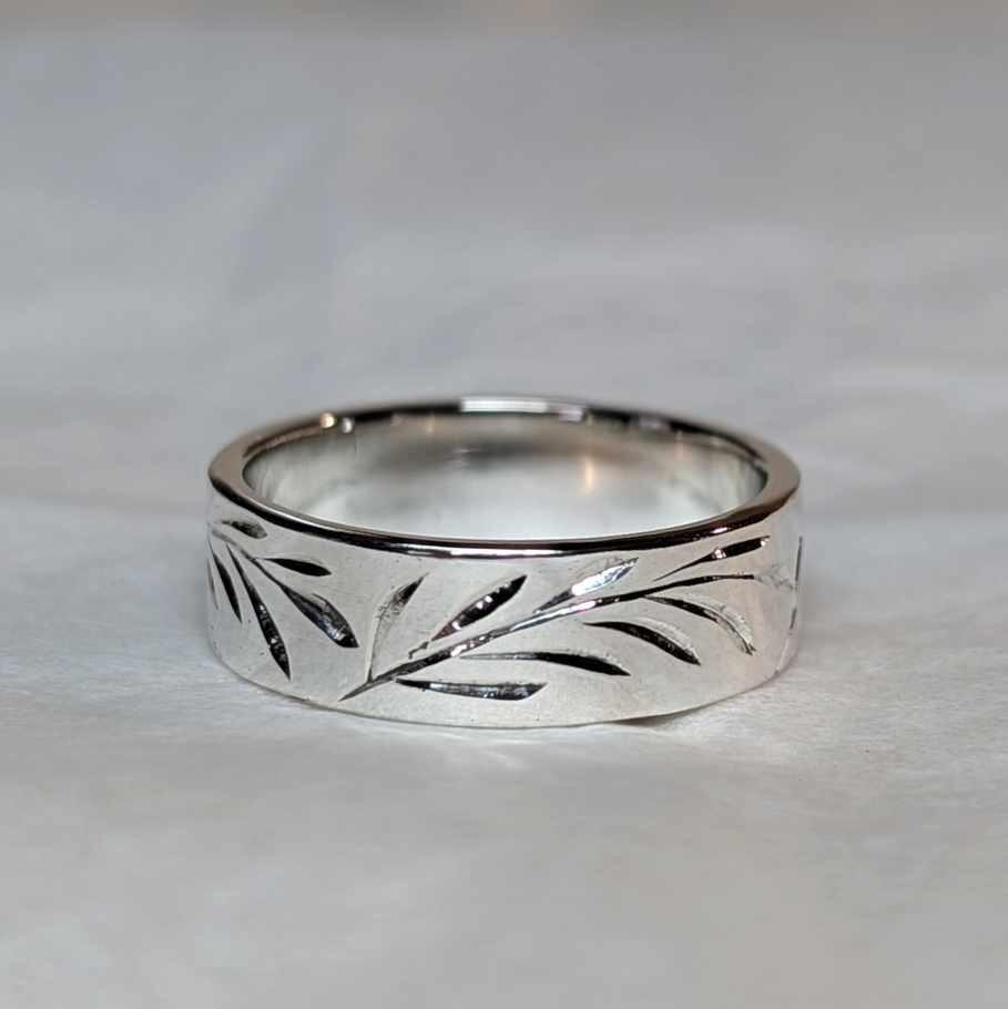 Hand Engraved Olive Branch Band, with high polish finish, handmade in Scotland