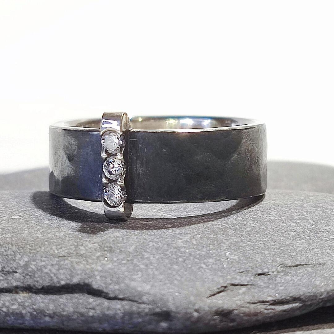 Sterling Silver Pulse Ring, Recycled Sterling Silver with three Pave set Cubic Zirconia