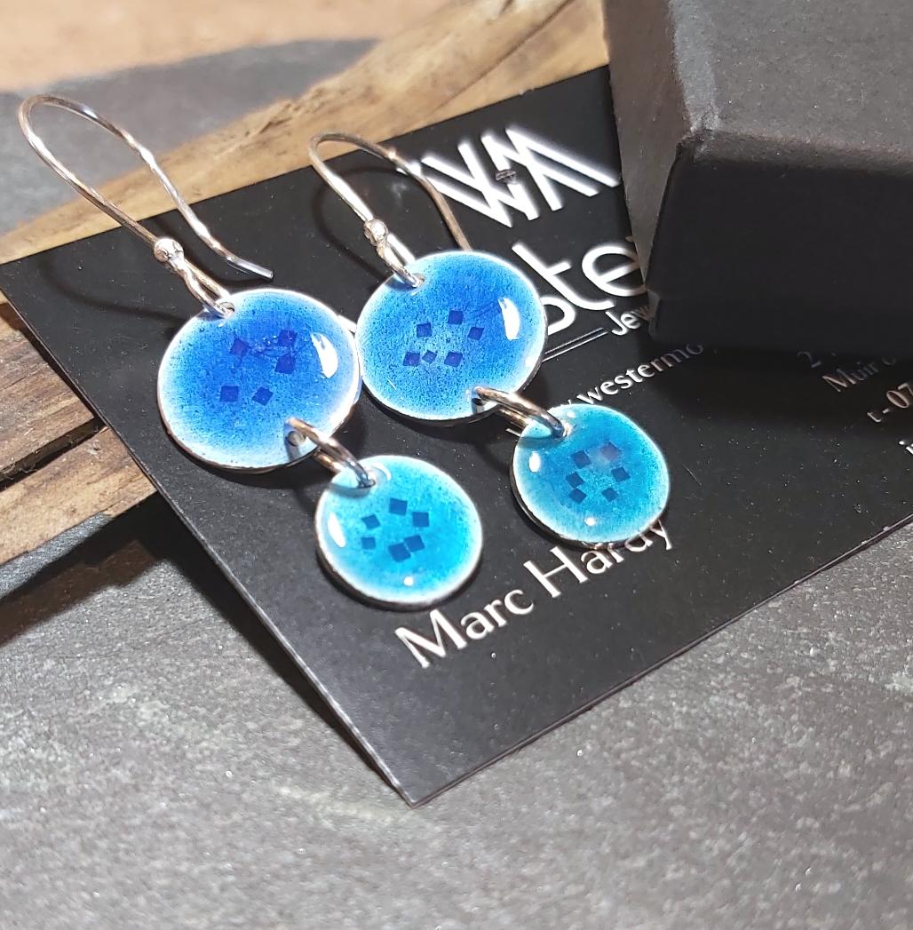 Sterling Silver Blue Circles Enamelled Drop Earrings