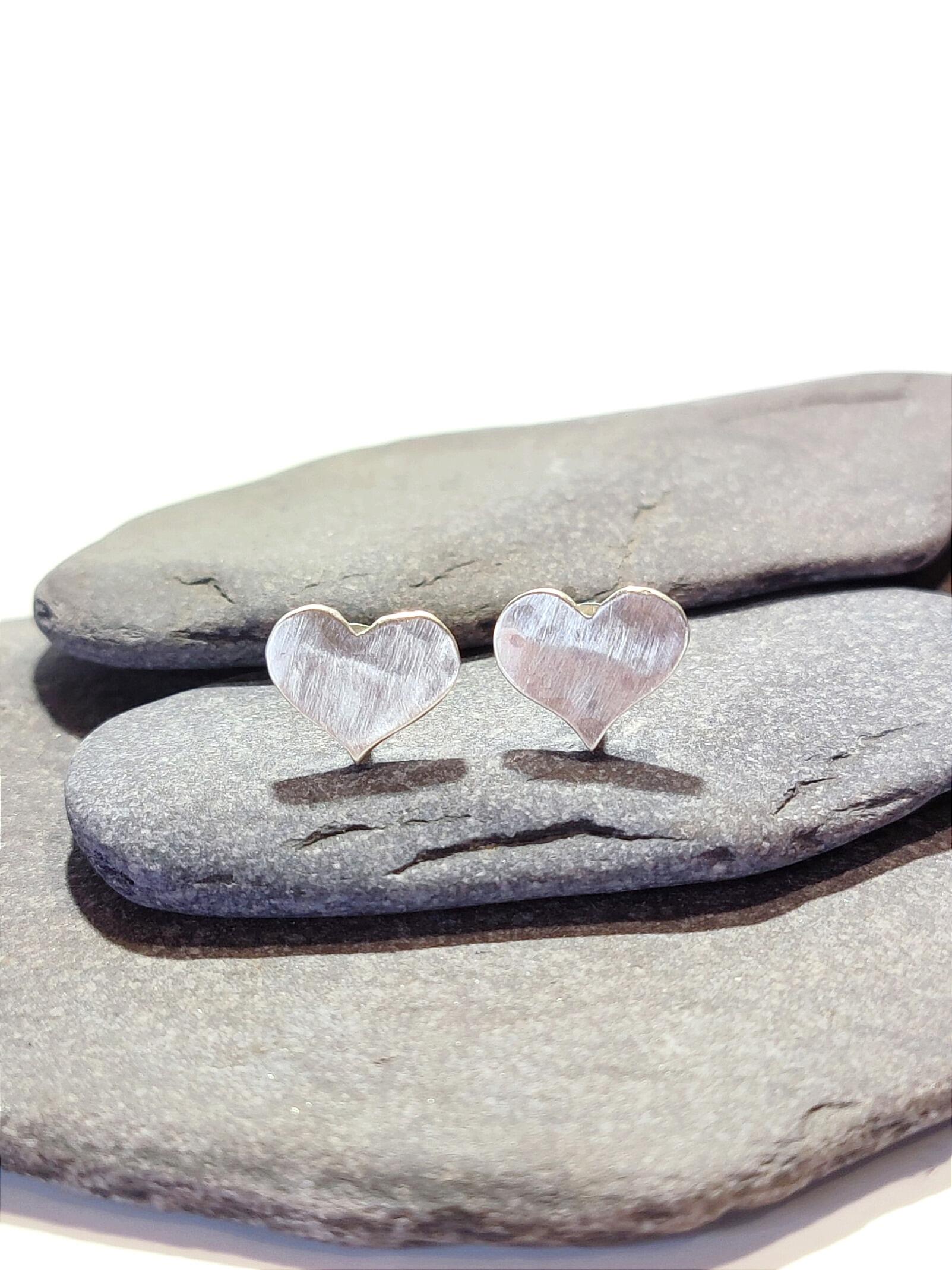 Handmade Recycled Sterling Silver Heart Stud Earrings with Brush Finish