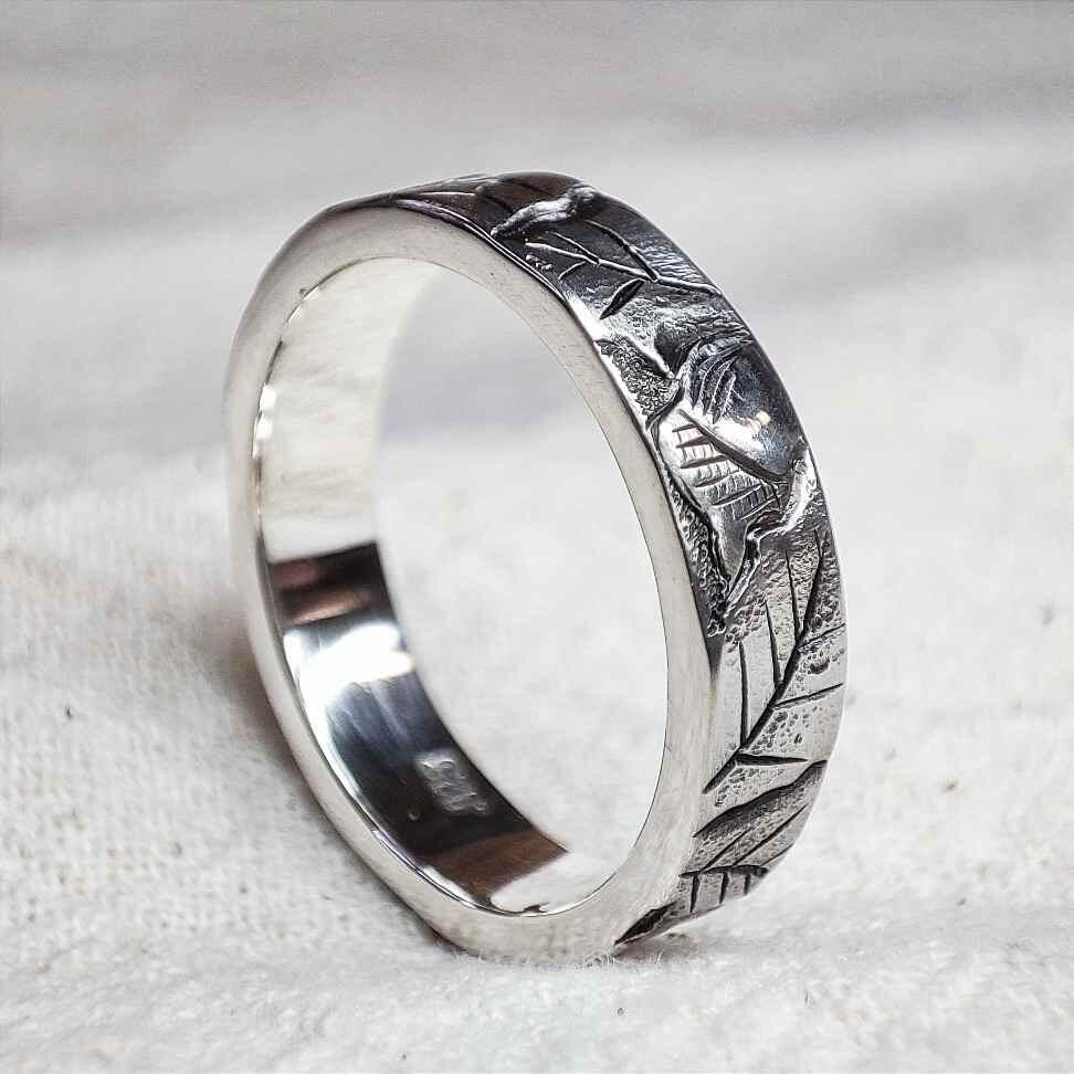 Hand Engraved Oak Leaf Ring, with single Acorn, handmade with recycled sterling silver