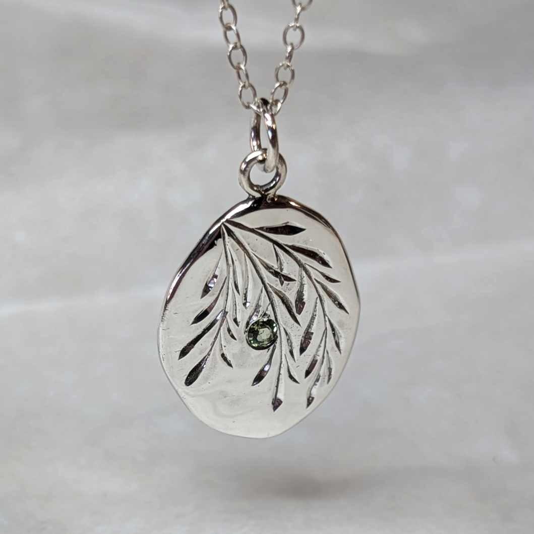 Hand Engraved Olive Branch Pendant with Peridot, handmade in Scotland