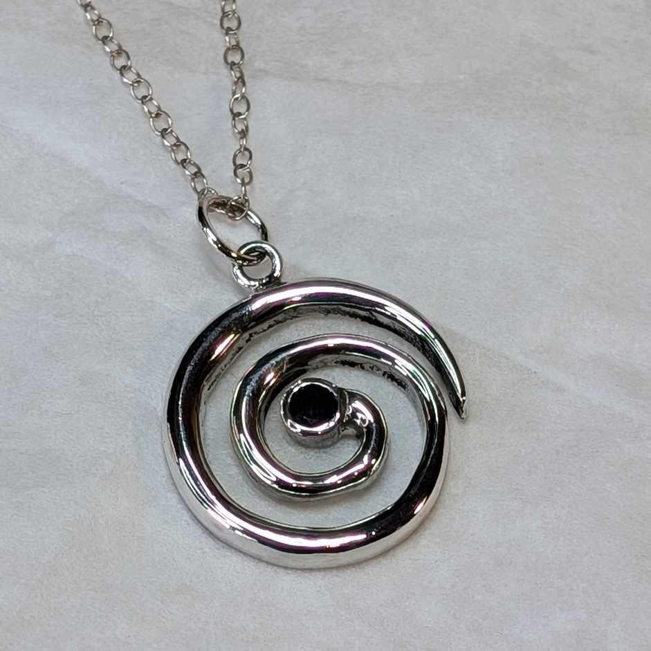 Sterling Silver Spiral Pendant with 4mm Ruby, infinity spiral, Celtic spiral necklace, handmade in Scotland