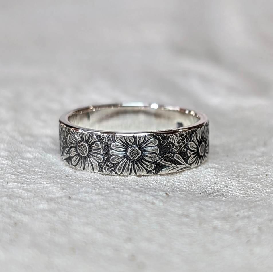 Rustic Daisy Engraved Recycled Sterling Silver Ring, Boho Chic Band Ring, Textured Silver Jewellery