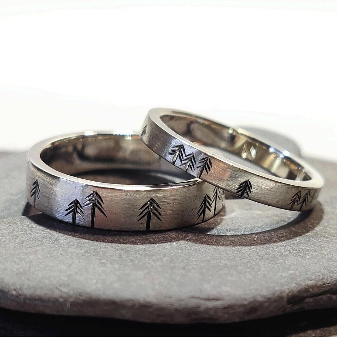 Forest Wedding Bands, hand engraved, made from recycled sterling silver