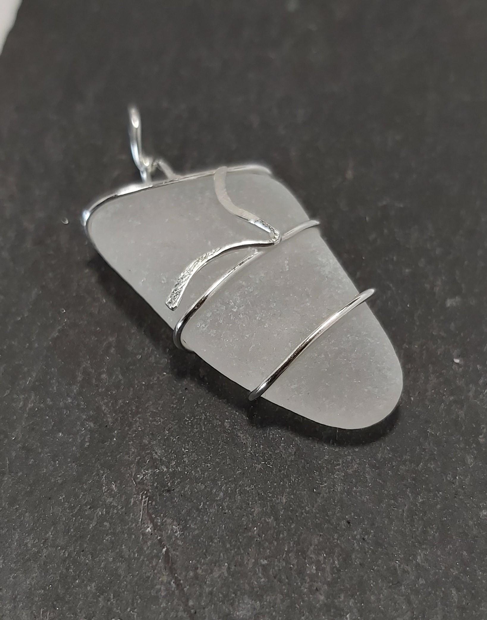 Sterling Silver White Sea Glass Wire Wrapped Pendant
