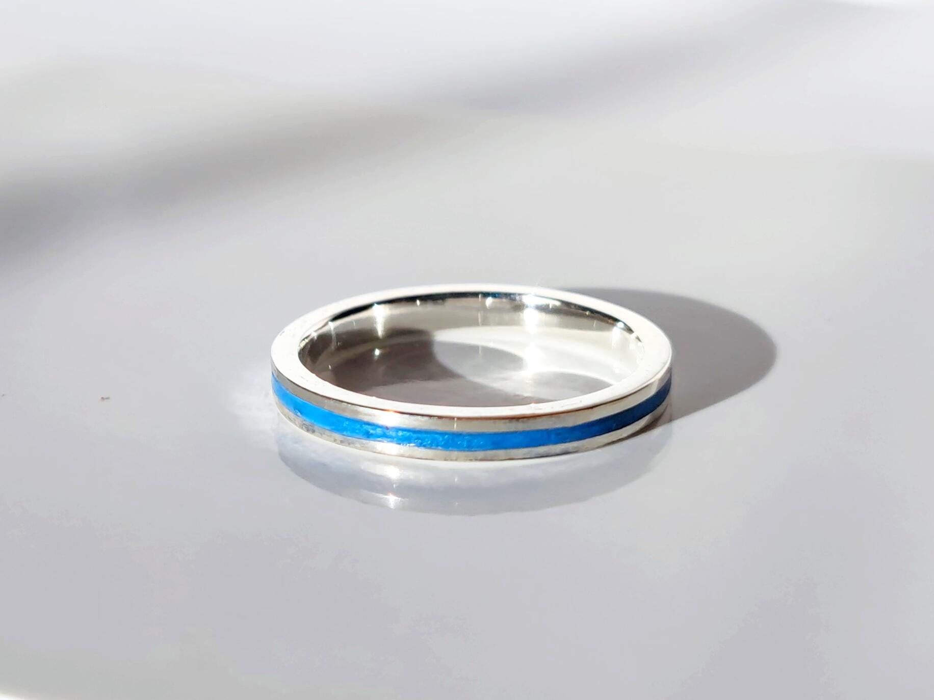 Mens wedding band on sale with blue stripe