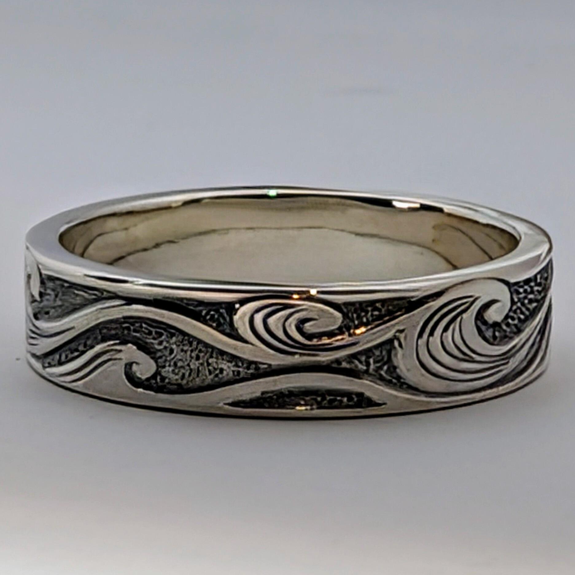 Curling Waves hand engraved ring, handmade with recycled sterling silver