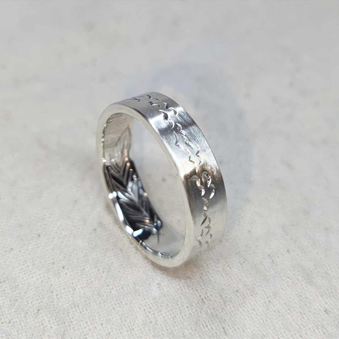 Birds Wide Band Ring with Inner Feather Engraving