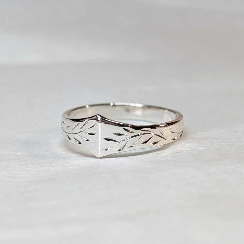 Hand Engraved Olive Branch Shaped Ring, with high polish finish, handmade in Scotland