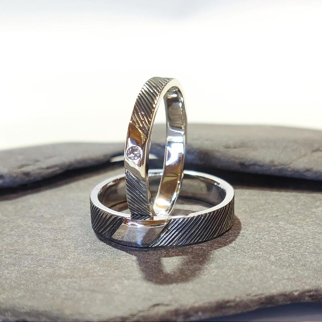Diagonal Line Wedding Band Set, hand engraved and made from Sterling Silver, available with Diamond, Moissanite or Cubic Zirconia