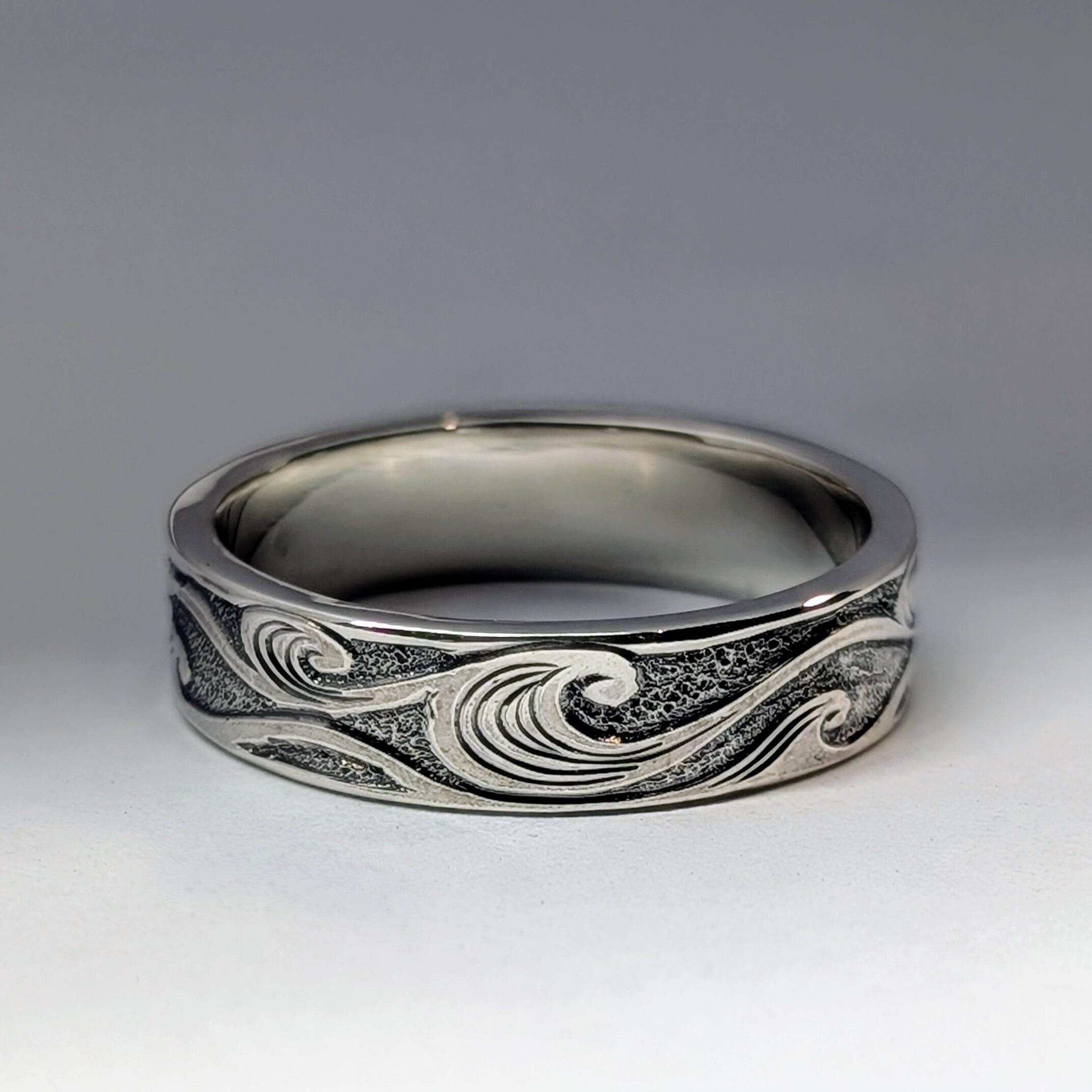 Curling Waves hand engraved ring, handmade with recycled sterling silver