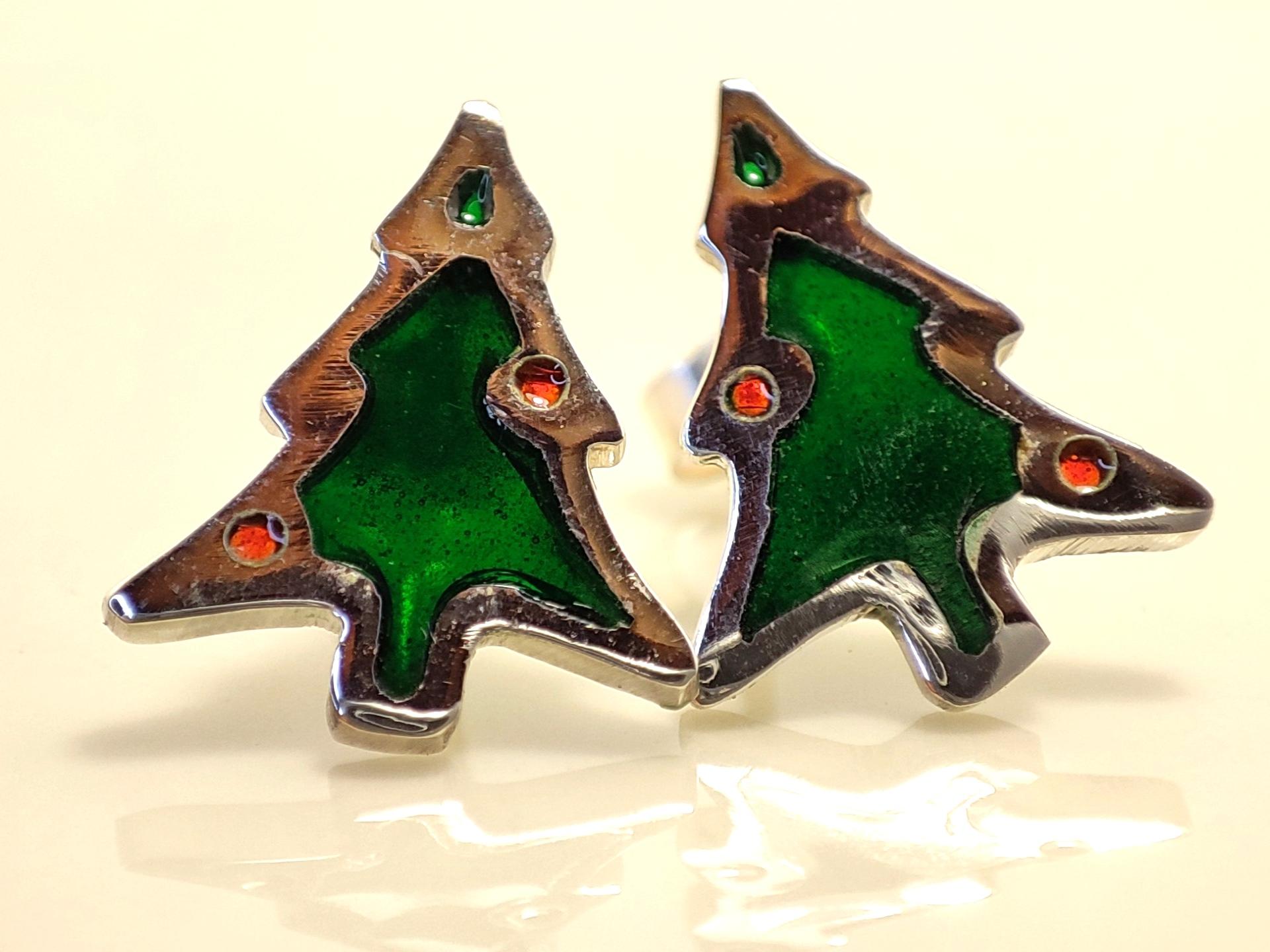Sterling Silver Plique a Jour Christmas Tree Stud Earrings