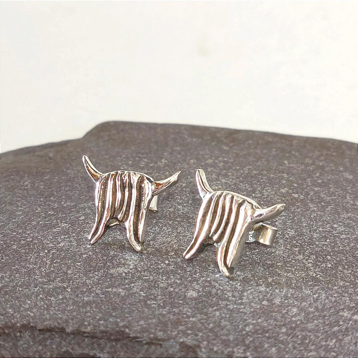 Highland Cow Stud Earrings, handmade in recycled Sterling Silver