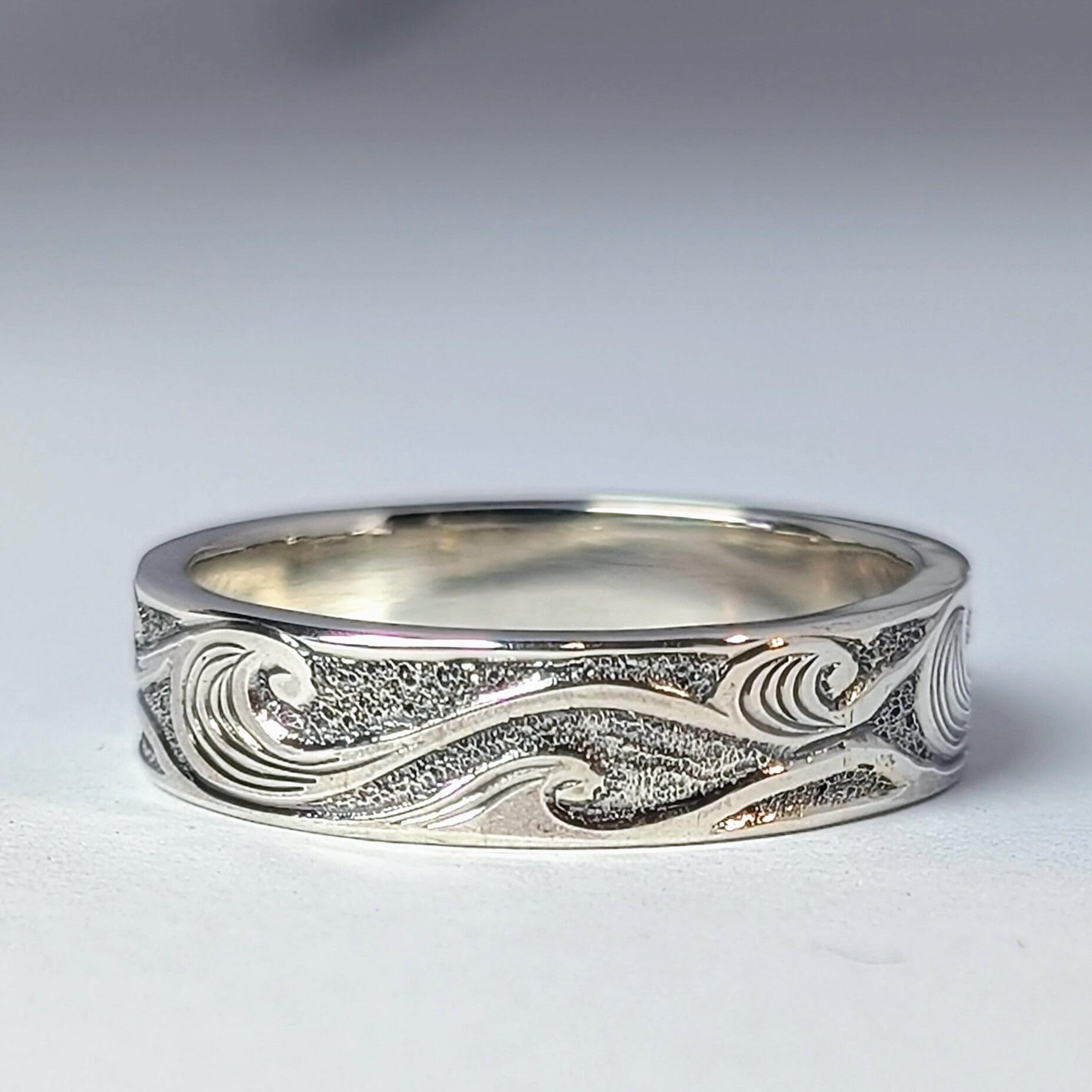 Curling Waves hand engraved ring, handmade with recycled sterling silver