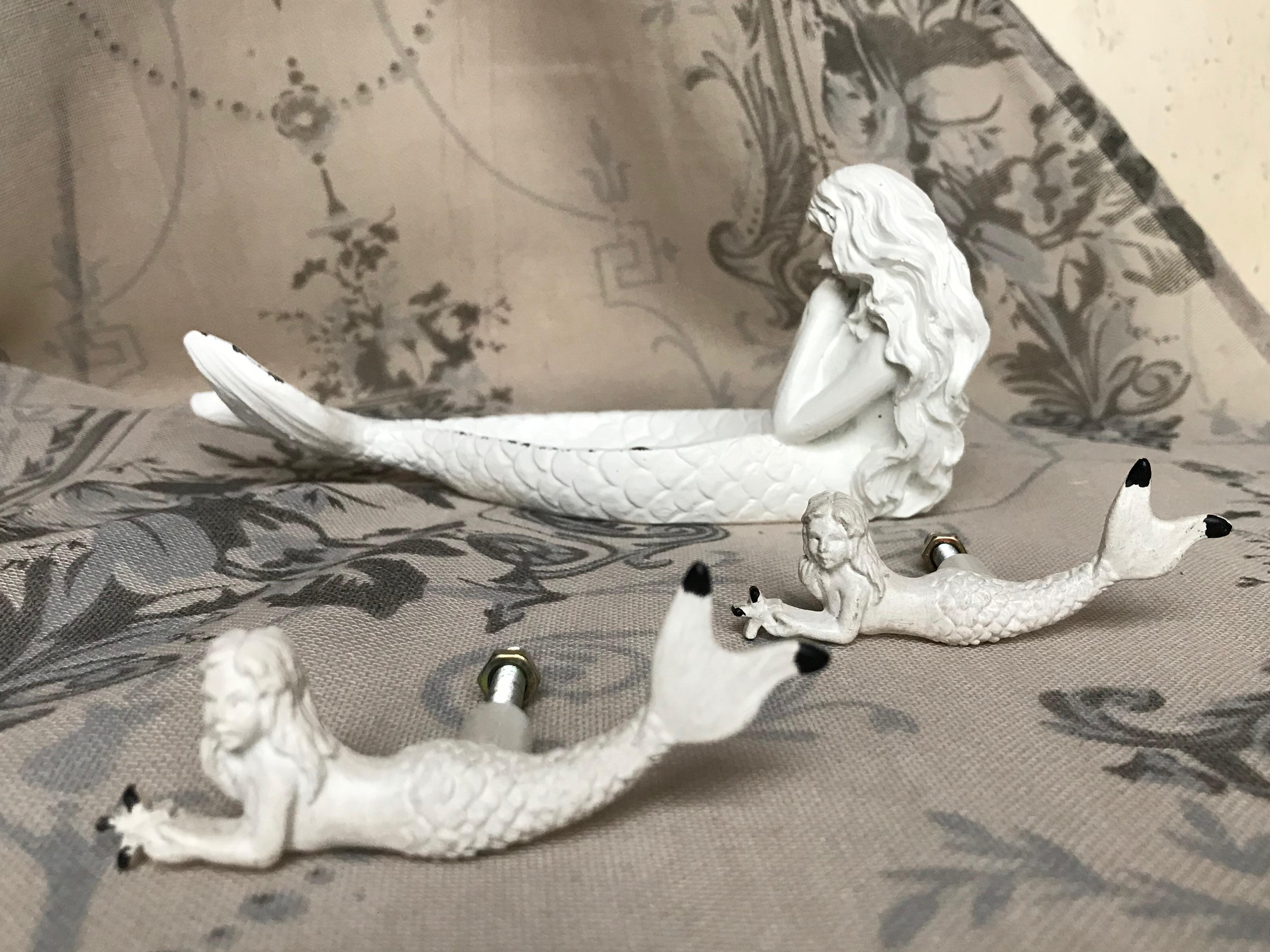 Ornate Mermaid Drawer Door Knob Antique White Vintage Hare