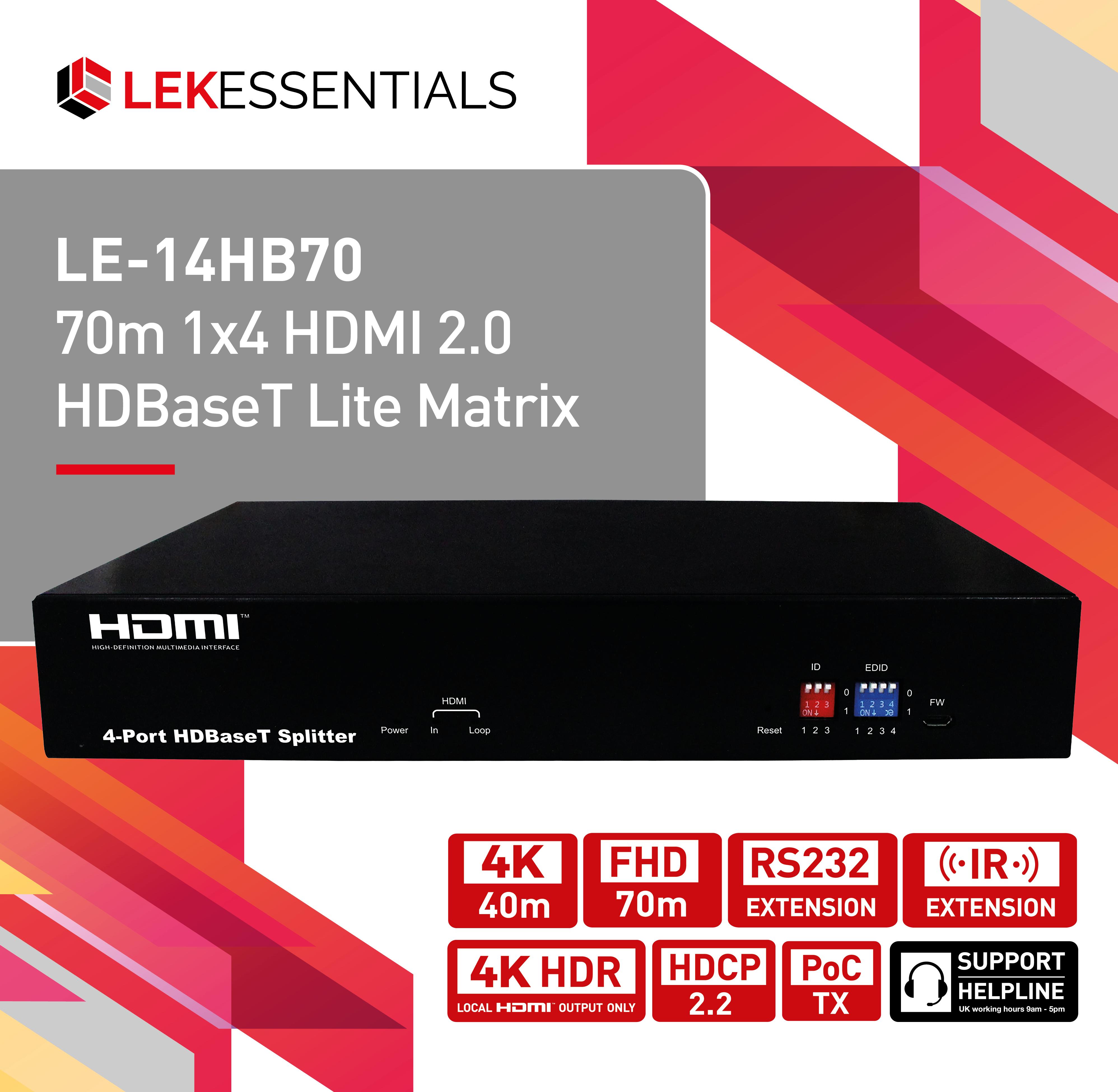 LE-14HB70 1x4 HDBaseT Splitter with 18G Support (4K, HDMI2.0, HDCP2.2)