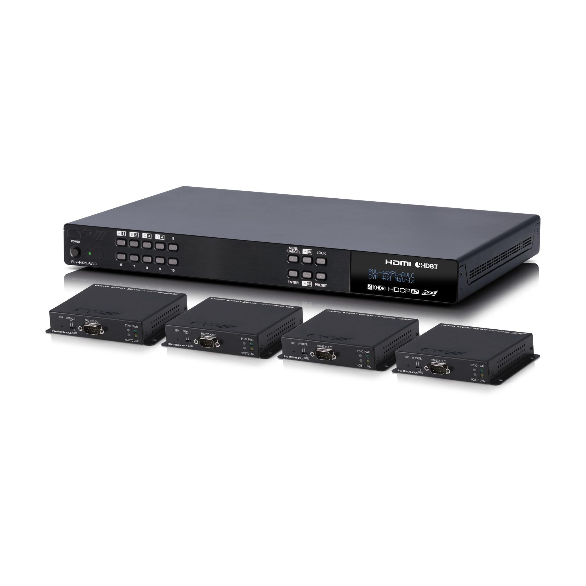 PUV-44XPL-AVLC-KIT 4 x 4 HDMI HDBaseT™ LITE Matrix with AVLC & Audio De-embedding (4K, HDCP2.2, PoH, 35m) - Supplied with 4x PUV-1710PLRX-AVLC Receivers