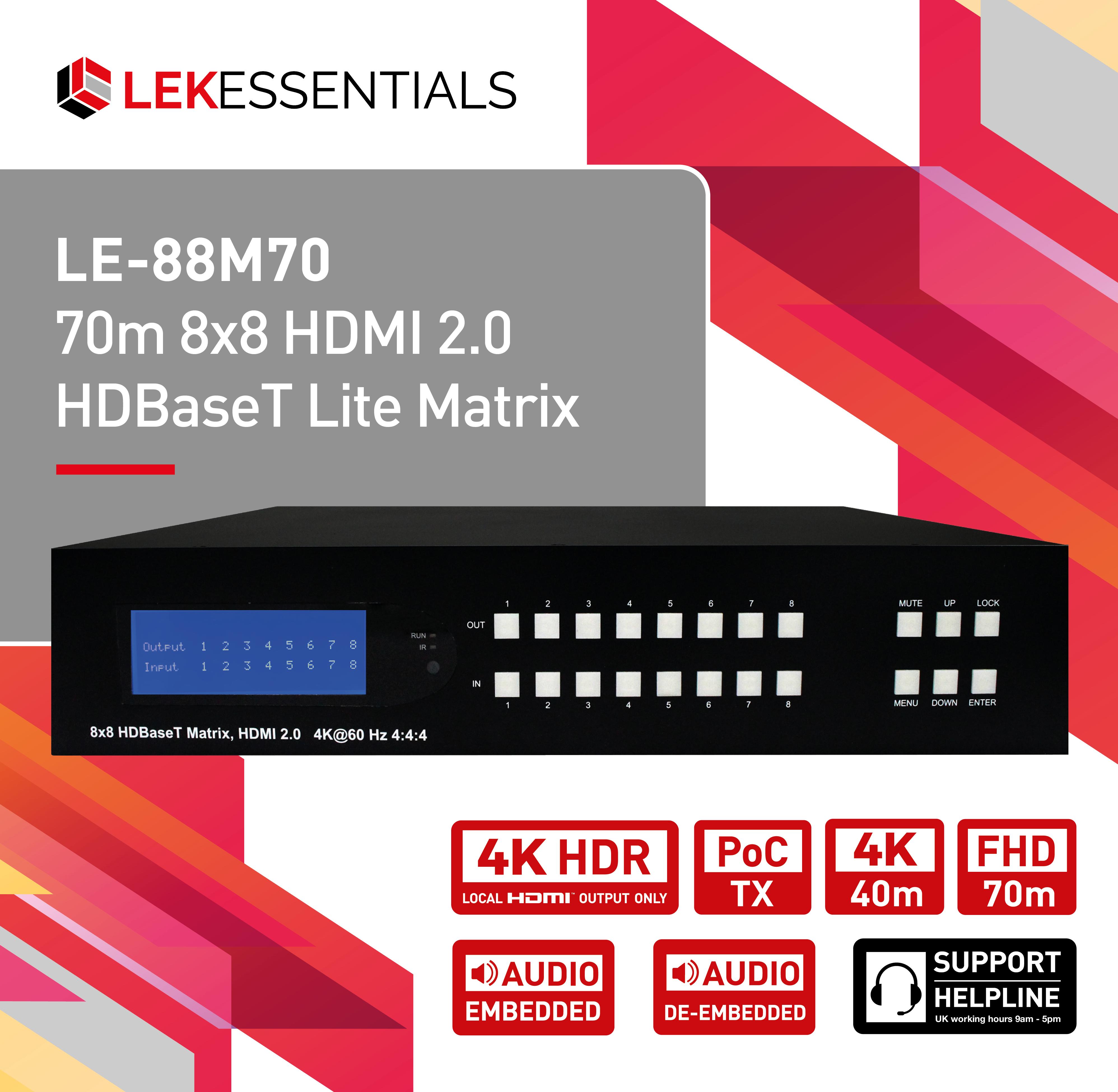 LE-88M70 70m 8x8 HDBaseT Matrix with 18G Support & Audio De-embedding (4K, HDMI2.0, HDCP2.2)