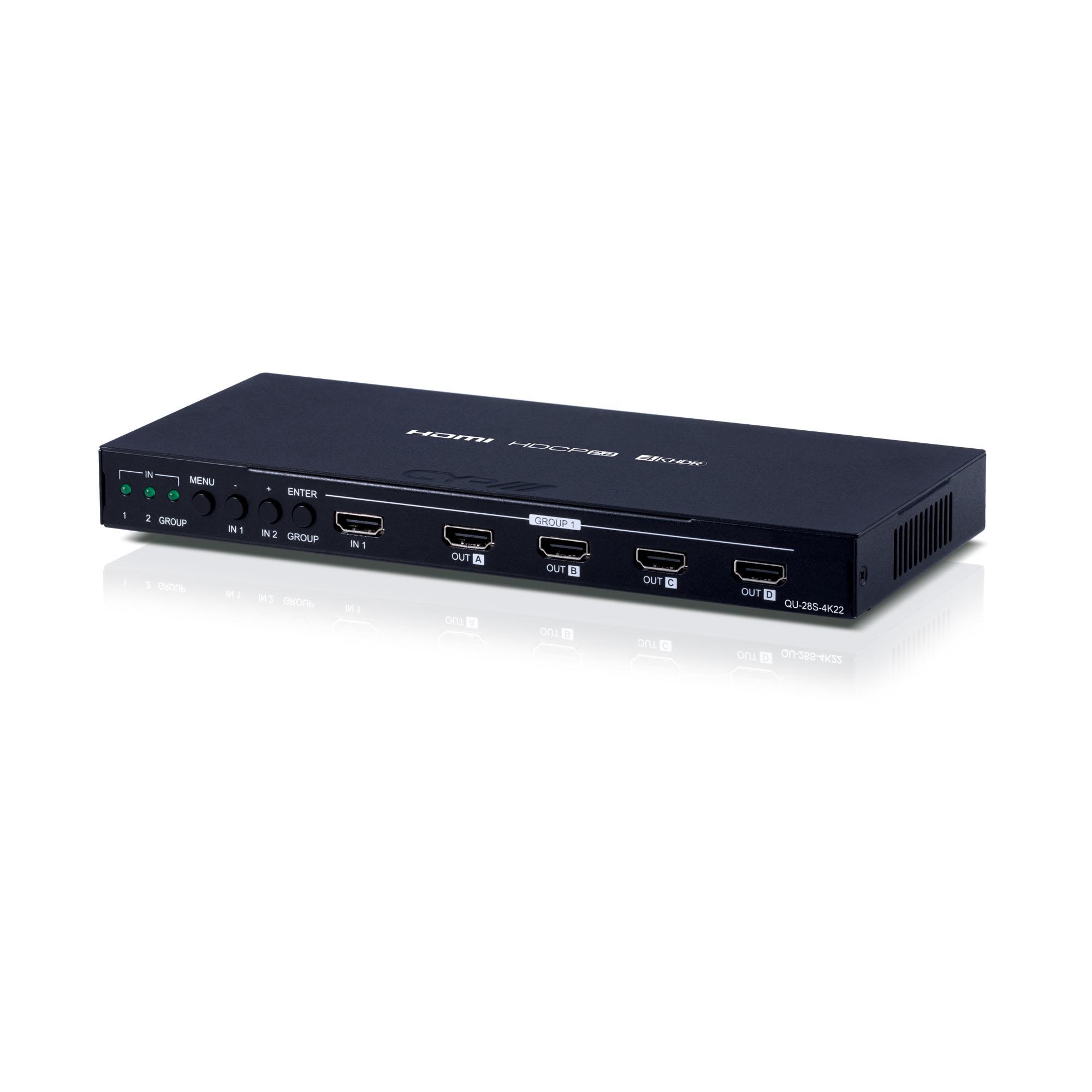 QU-28S-4K22 2 to 8 HDMI Distribution Amplifier & Switcher with System Reset