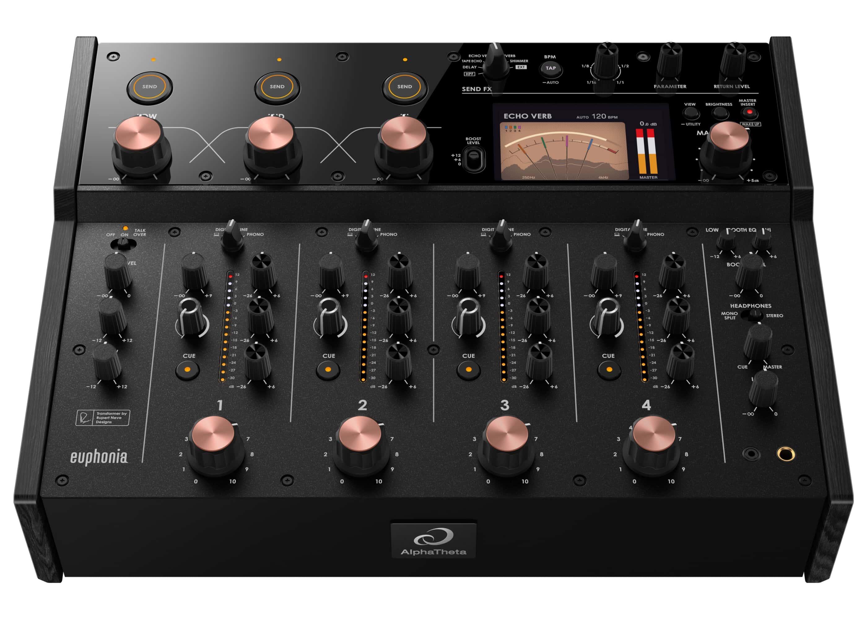 AlphaTheta Euphonia Professional 4-channel Rotary Mixer front angle