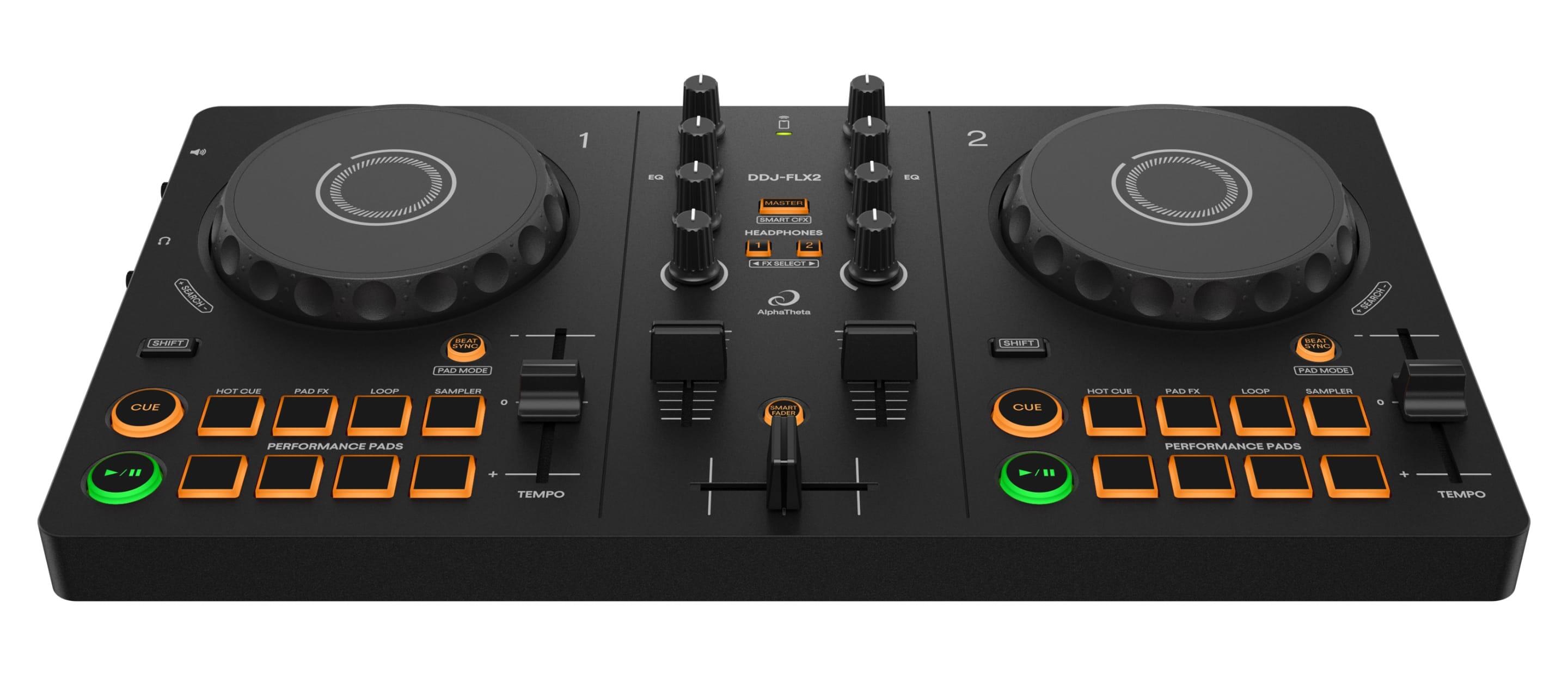 AlphaTheta DDJ-FLX2 Compact 2-channel DJ controller front angle