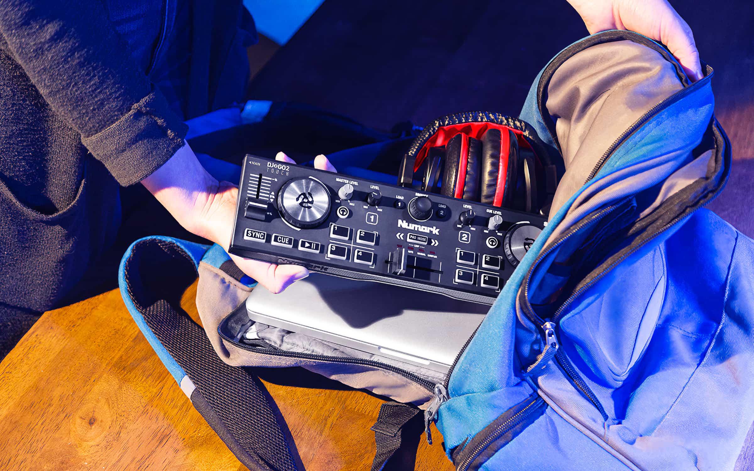 Numark DJ2GO Touch in backpack