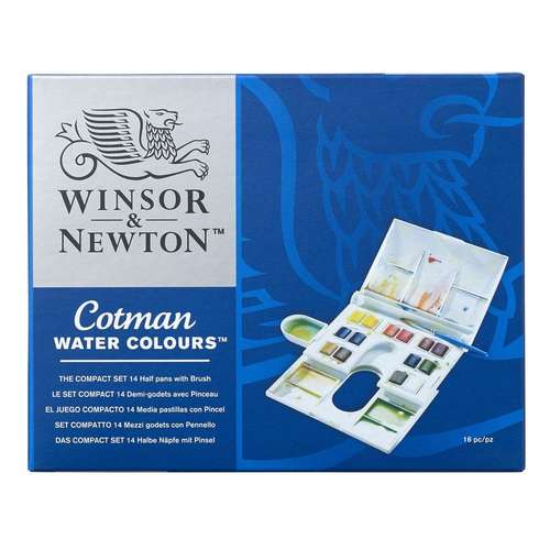 the packaging for Winsor and Newton Cotman Watercolours Compact Box with 14 half pans
