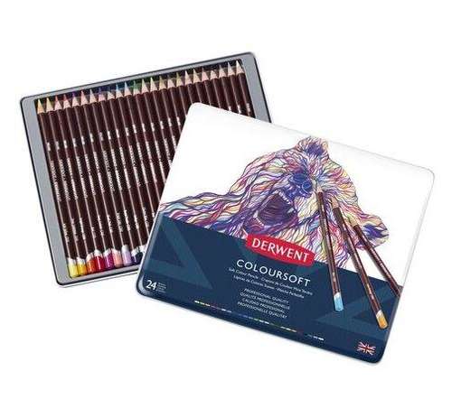 a tin of Derwent Coloursoft 24 pencils set