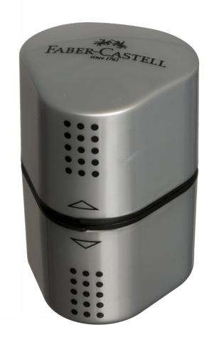 A grey Faber Castell trio pencil sharpener box