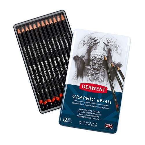 A tin of 12 Derwent graphic designers pencils