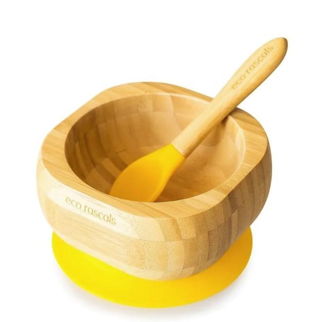 Eco Rascals Bamboo baby suction bowl and spoon set Yellow