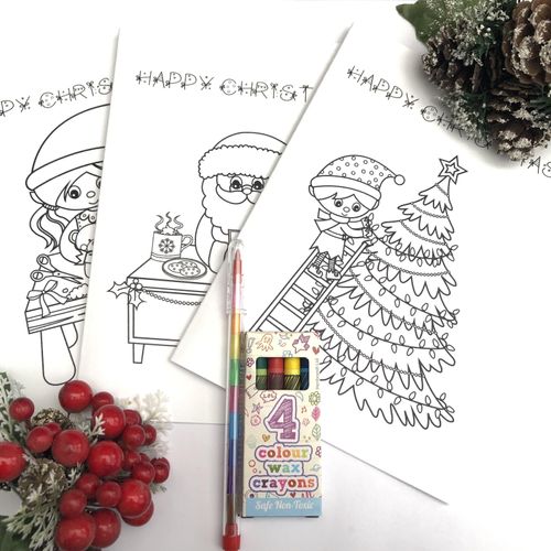 3 designs of colouring in Christmas cards on A5 card