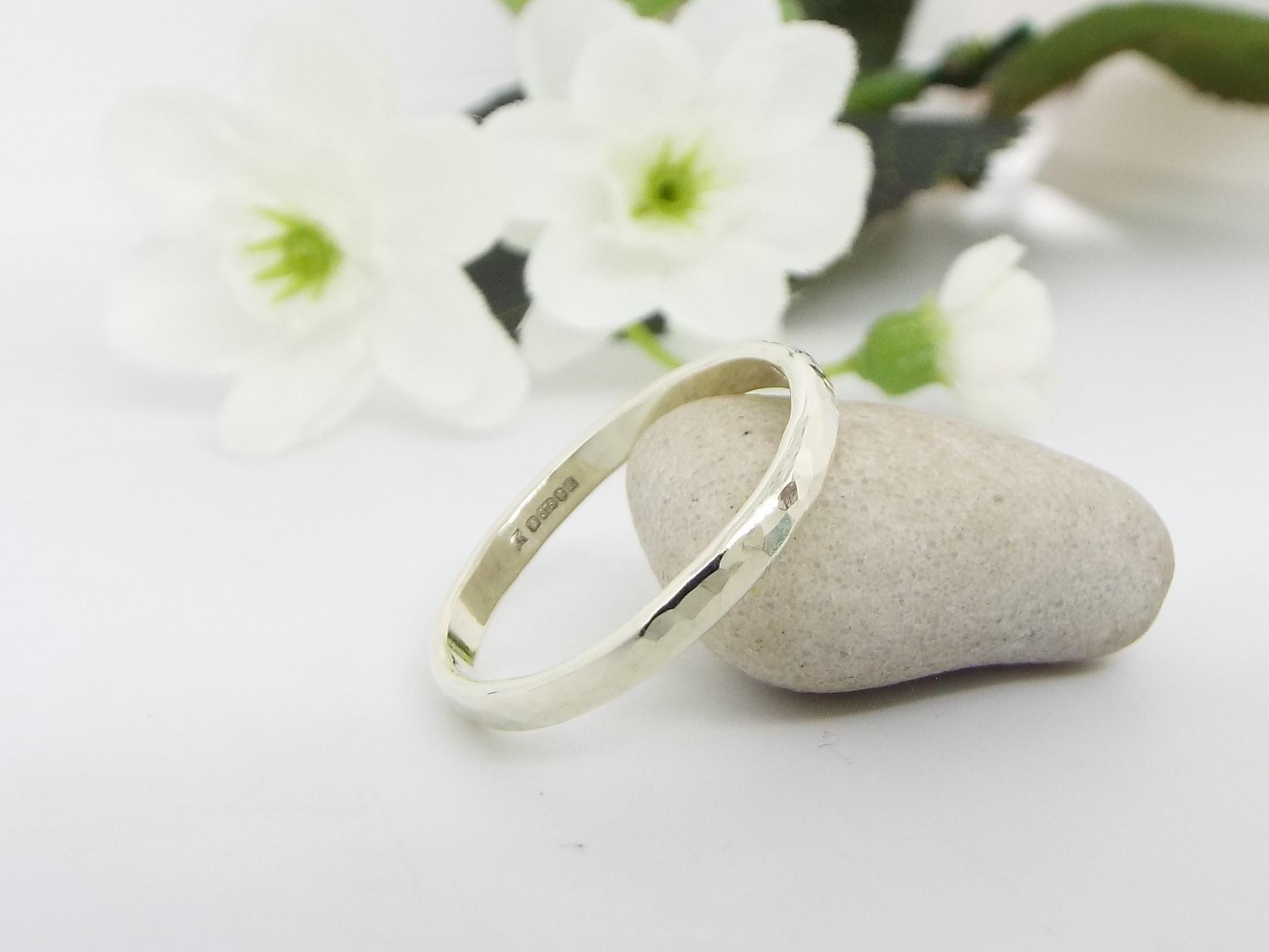 9ct white gold wedding ring with a hammered finish