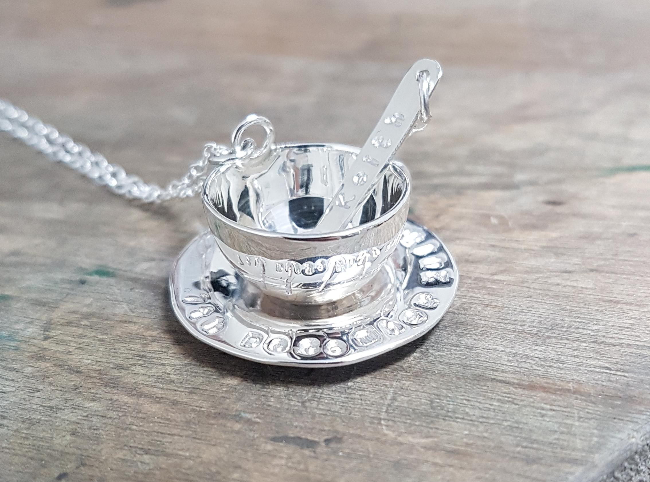 Silver Teacup and spoon pendant - personalised
