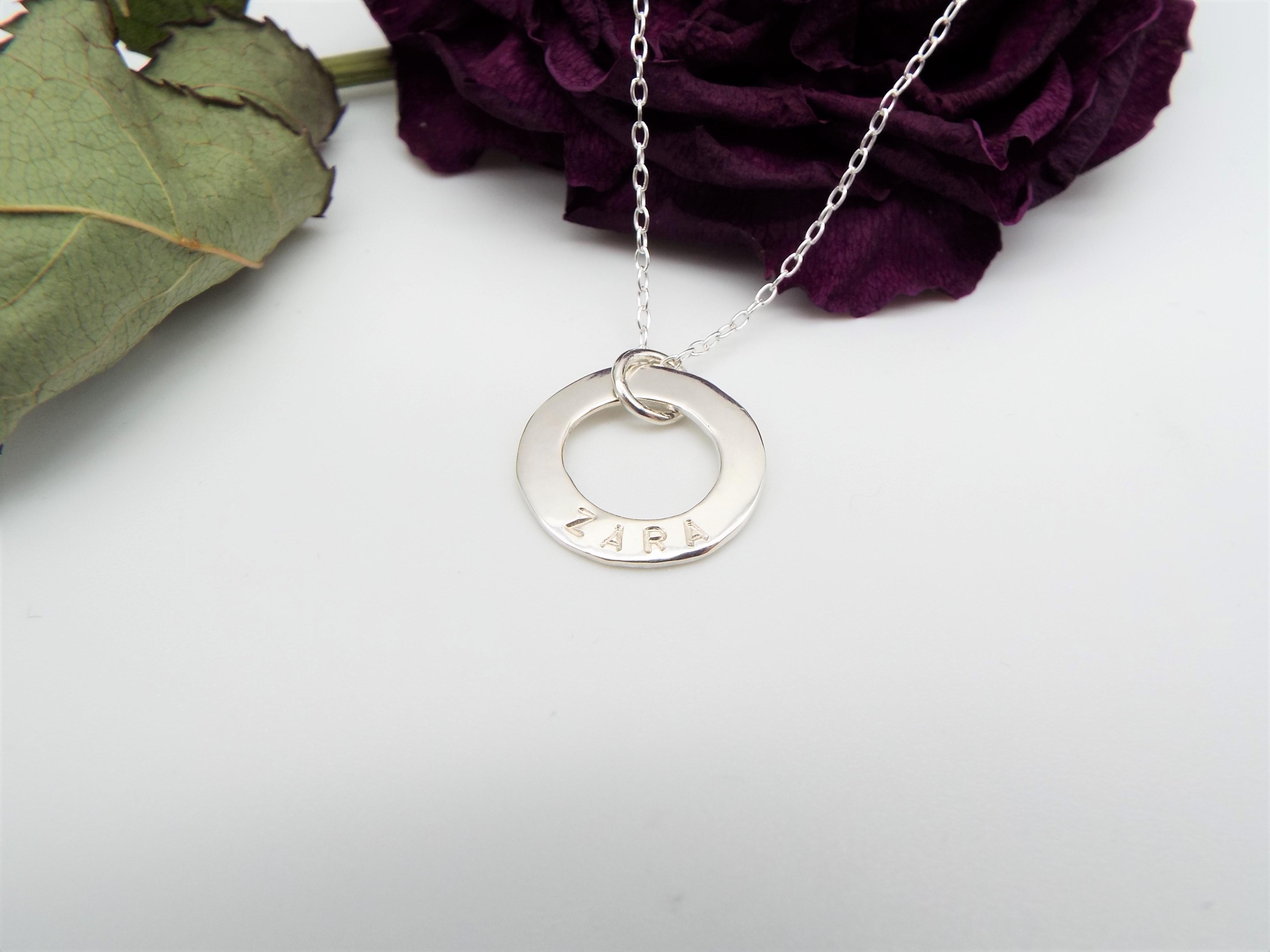 Silver Circle necklace personalised with a name